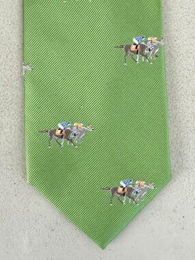 Vintage Horse Racing Jockey Tie 90s Green Jacquard Silk Equestrian Mens Necktie